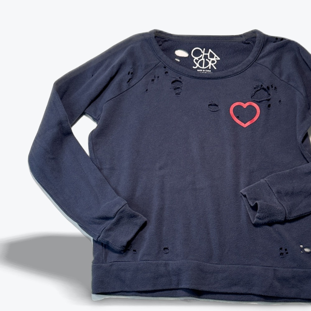 Chaser Distressed Sweatshirt Streetwear Heart Graphic Navy Blue Womens Small